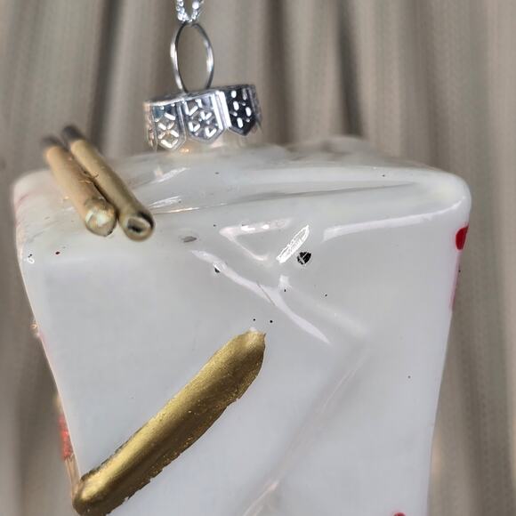 Chinese Take Out Box with Chopsticks Blown Glass Christmas Ornament Foodie - Picture 5 of 6